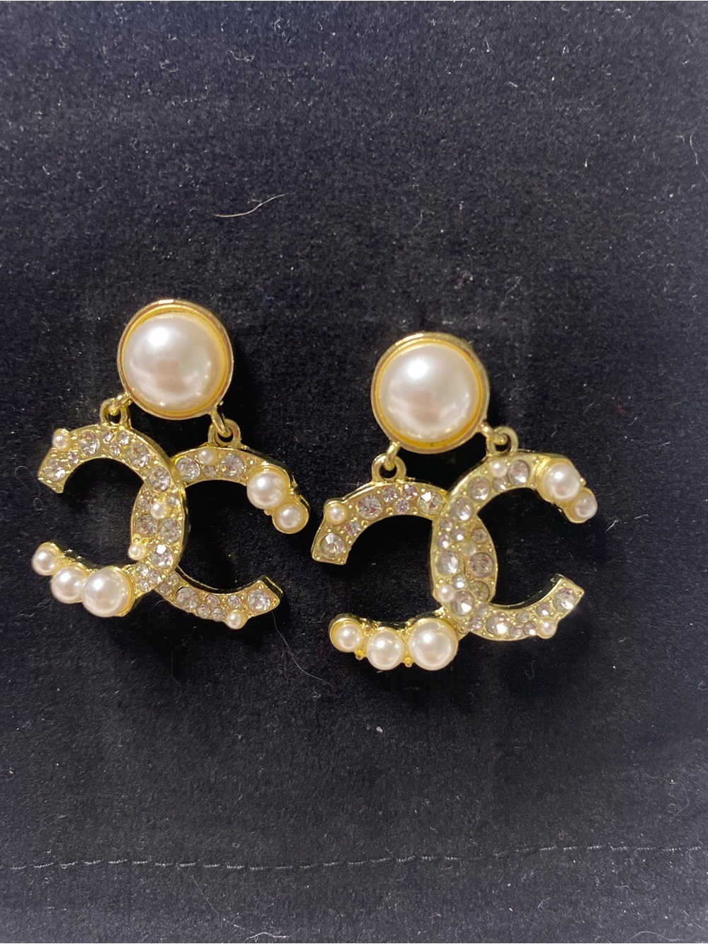 Gold- Tone and Pearl Dangle Logo Earrings